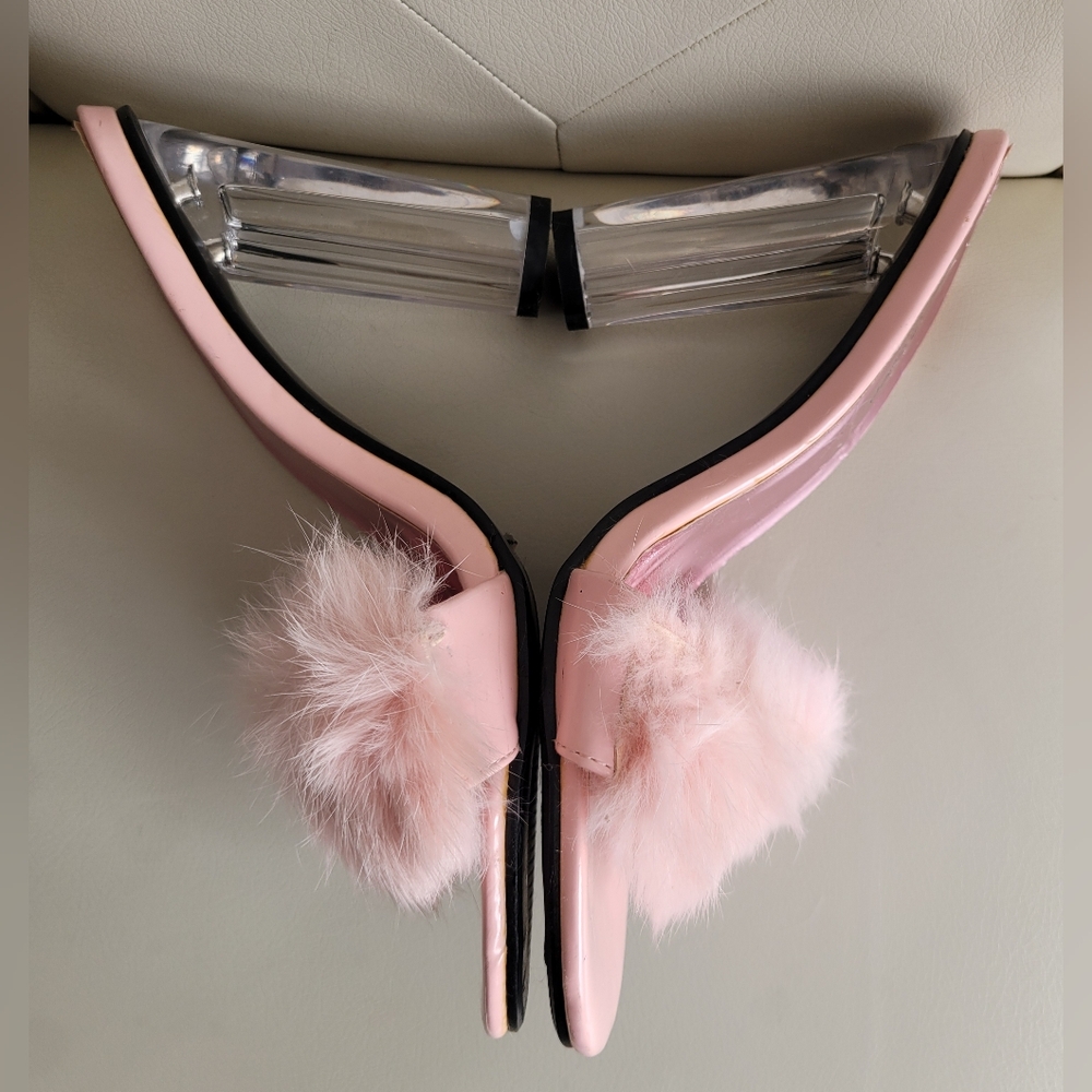 Forever 21 Boudoir/Sexy Barbie Pink Rabbit Fur Clear Heeled Sandals 8.5 - Picture 5 of 16